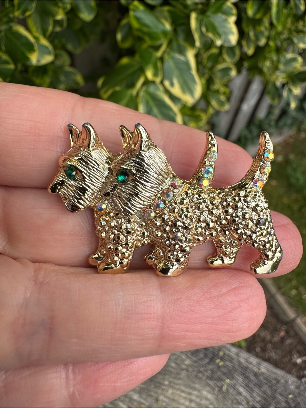 Vintage Gold Double Scottie Dog Brooch with Green and Iridescent AB Accents